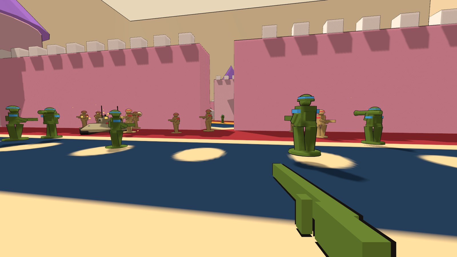 First-person view with a plastic rifle: a green squad fires on tan soldiers at the pink castle gate.