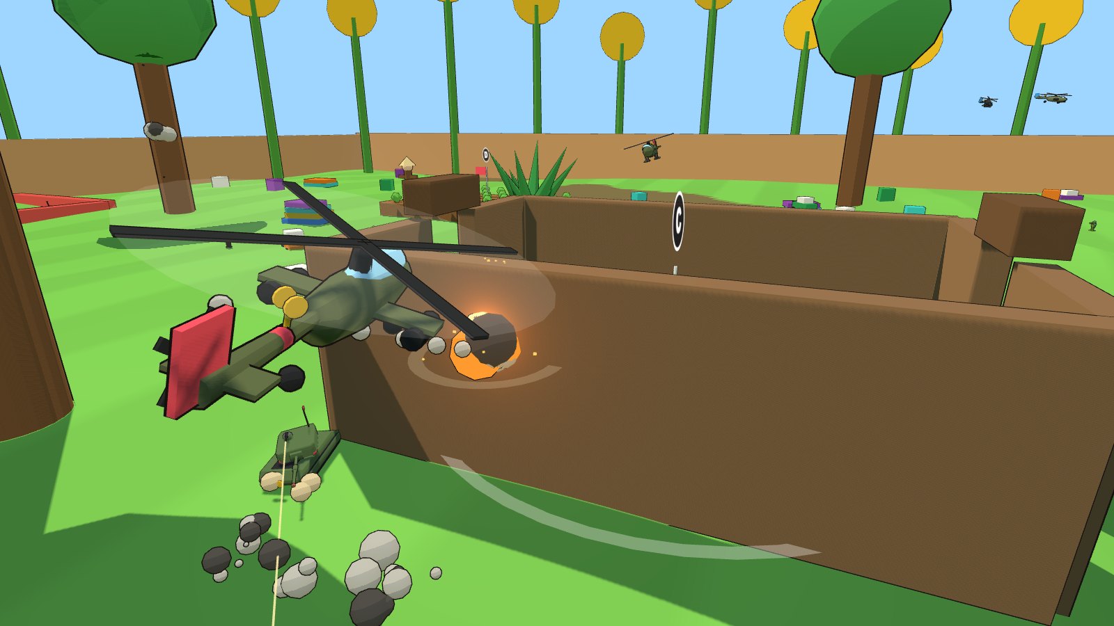 An Apache helicopter firing rockets over the garden shed while tanks fight below.