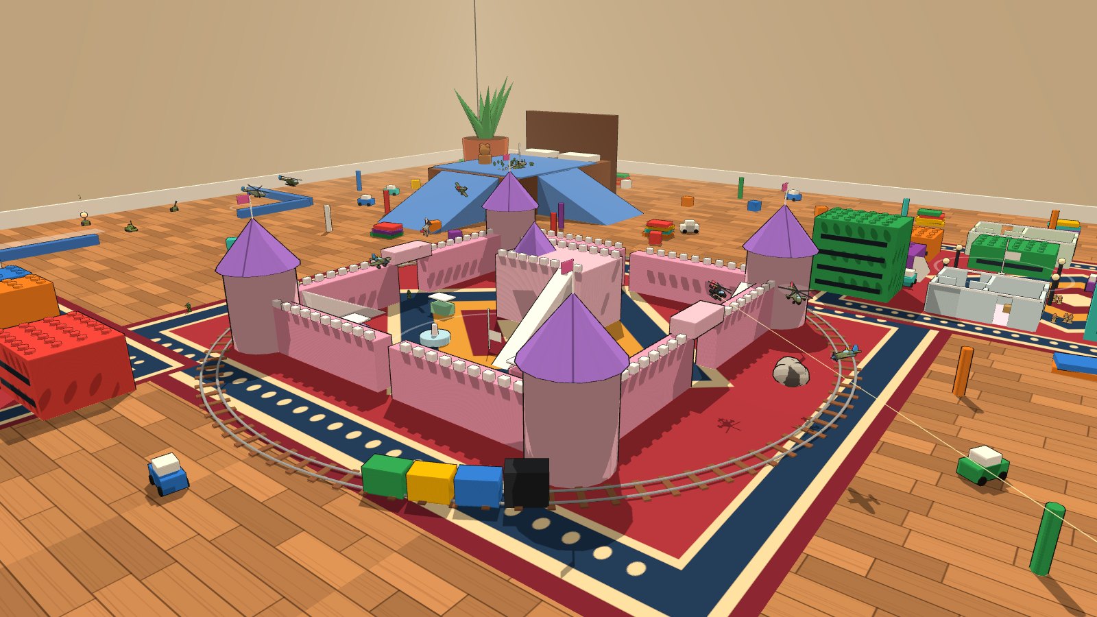 The playroom battlefield: a pink toy castle ringed by a train track, block-built towns, toy tanks and helicopters.