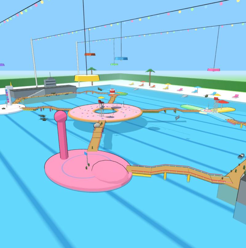 An outdoor swimming pool with a pink flamingo float, a giant donut, wooden bridges, a toy aircraft carrier, palm trees and party lights.